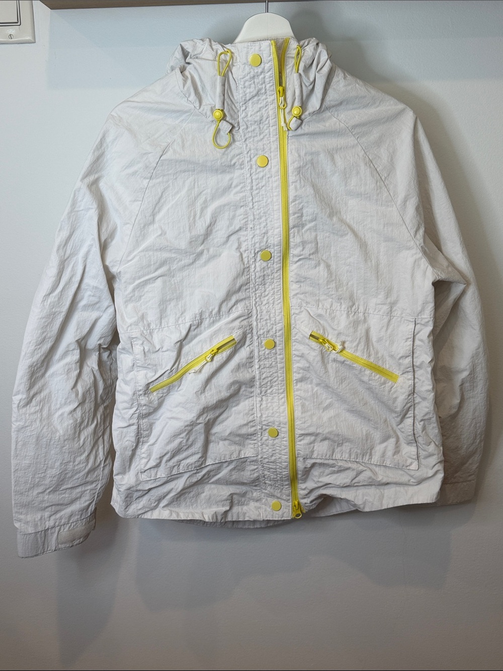 Women’s White Hooded Windbreaker Jacket with Yellow Trim